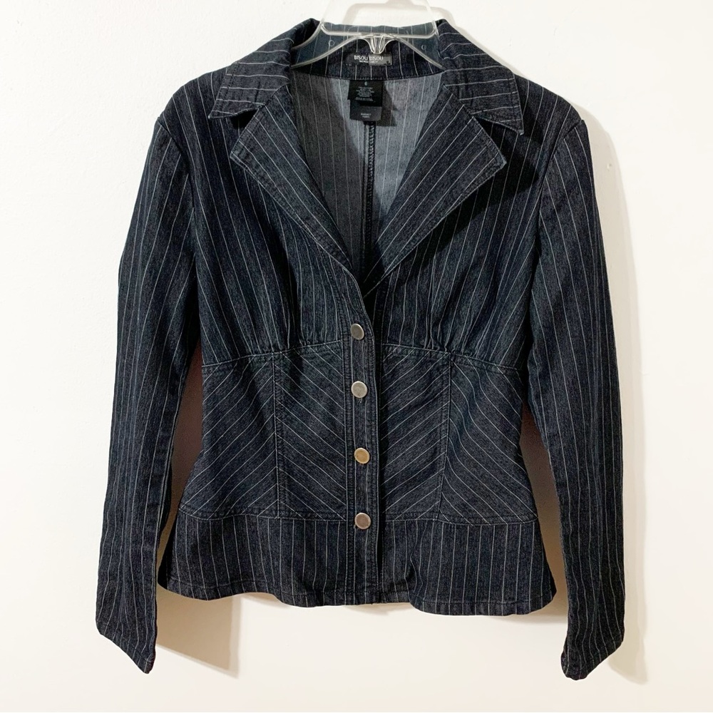 Vintage Bisou Bisou Michele Bohbot Y2K Pinstriped Button Front Blazer Ruffles